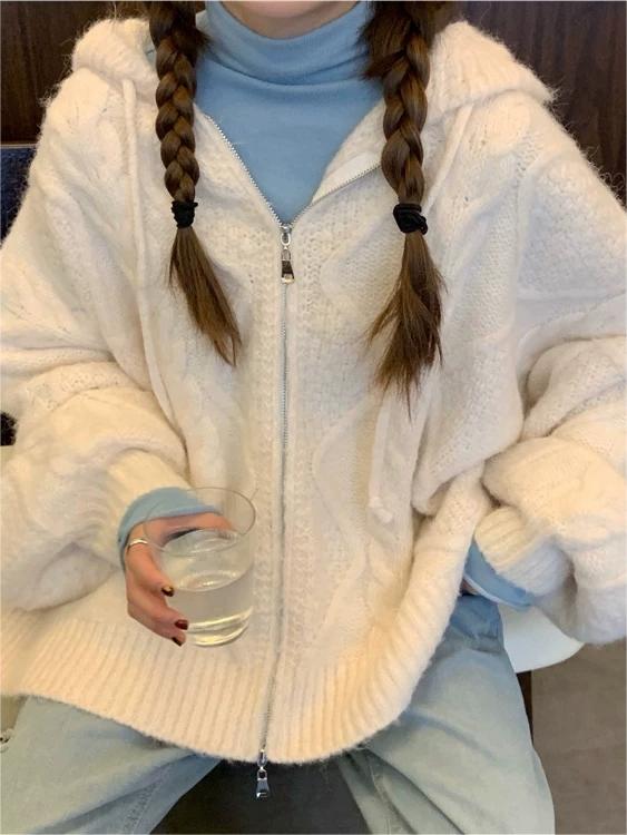 CREAM CABLE-KNIT HOODED CARDIGAN VINTAGE LOOSE CREW NECK