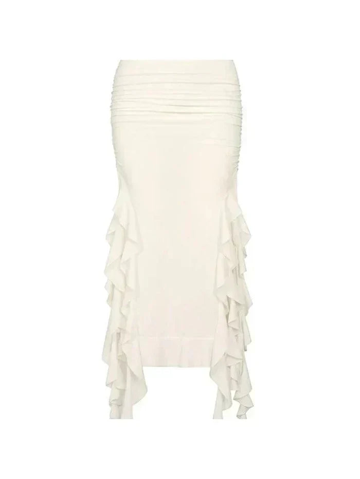 CREAM RUFFLED SKIRT WITH BROWN HEELED BOOTS JELLYFISH LACE PLEATED