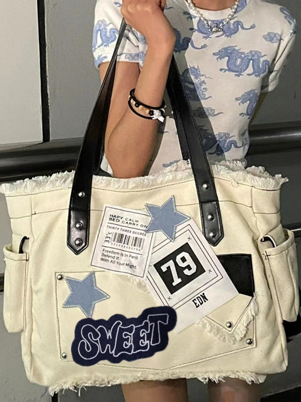 CREAM TOTE BAG WITH BLACK STRAPS AND EMBROIDERED STAR Y2K STYLE