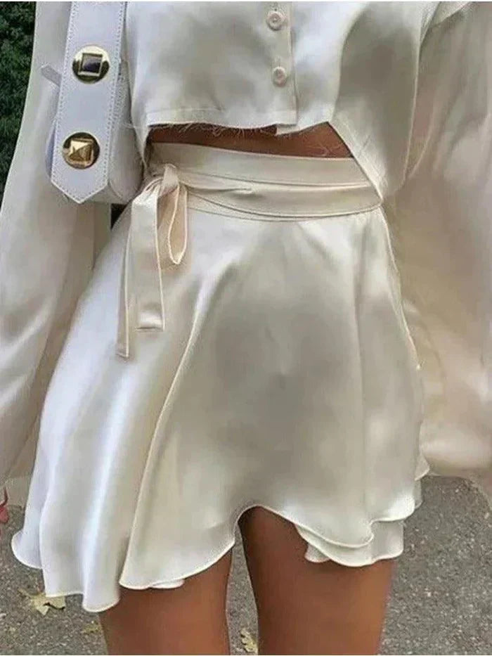 CREAMY SATIN SKIRT AND TOP SET WITH HIGH WAIST AND ADJUSTABLE LACING