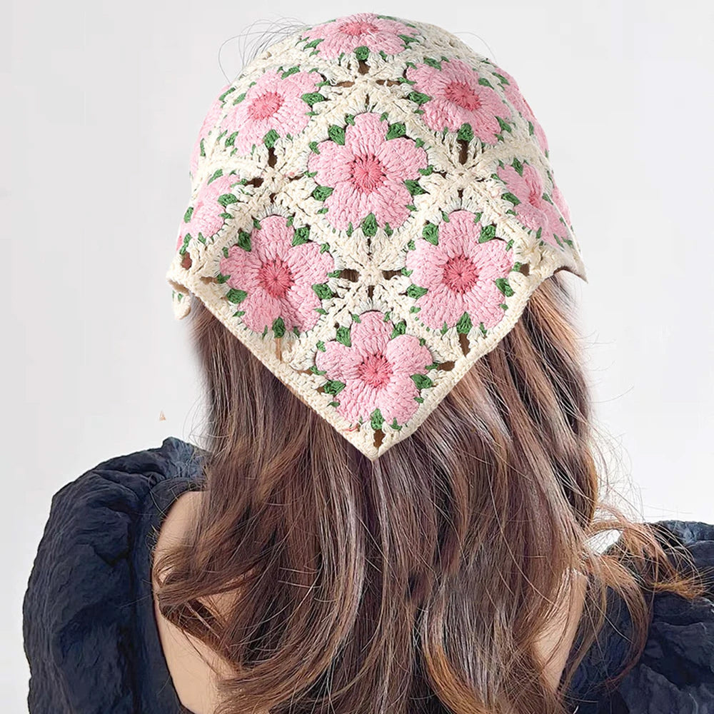 CROCHETED BONNET: PINK FLOWER MOTIFS BANDANA
