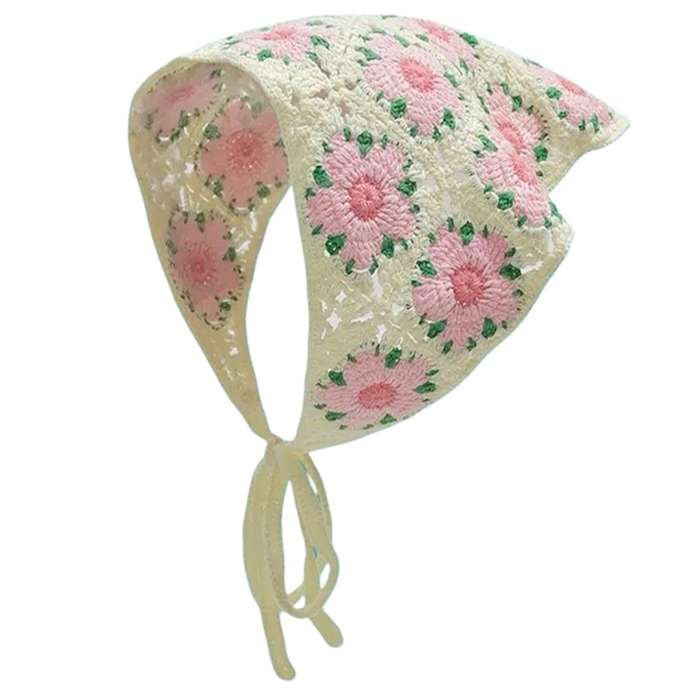 CROCHETED BONNET: PINK FLOWER MOTIFS BANDANA