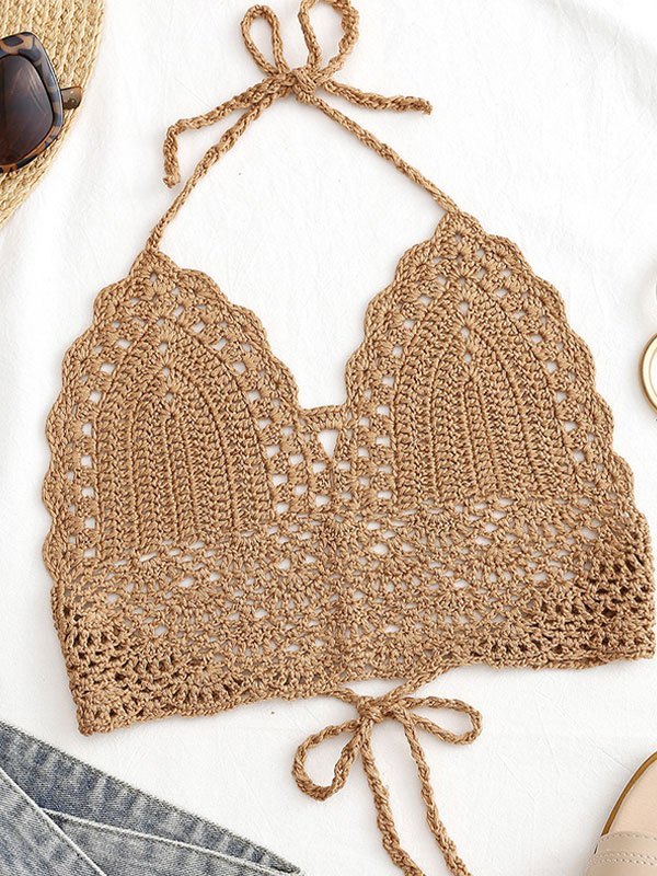CROCHETED HALTER TOP WITH LAYERED NECKLACES SLIM FIT HALTER CAMI