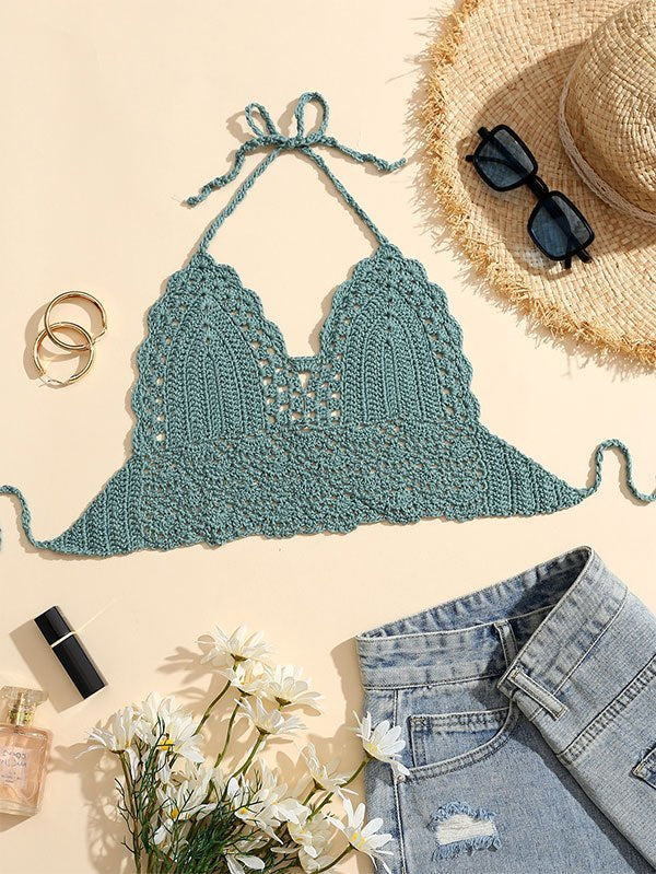 CROCHETED HALTER TOP WITH LAYERED NECKLACES SLIM FIT HALTER CAMI