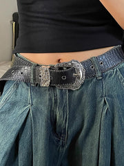CROCODILE-PATTERNED BELT WITH SILVER BUCKLE - PATTERN ARTIFICIAL LEATHER