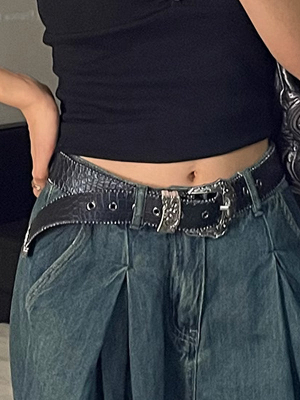 CROCODILE-PATTERNED BELT WITH SILVER BUCKLE - PATTERN ARTIFICIAL LEATHER