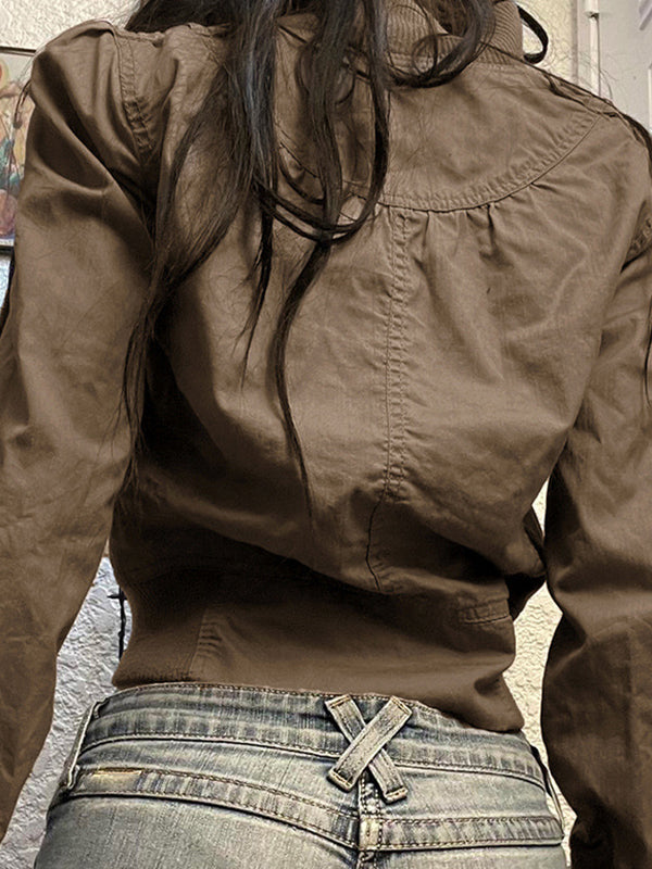 CROPPED BROWN ZIP-UP HOODIE WITH LOOSE FIT HIGH COLLAR