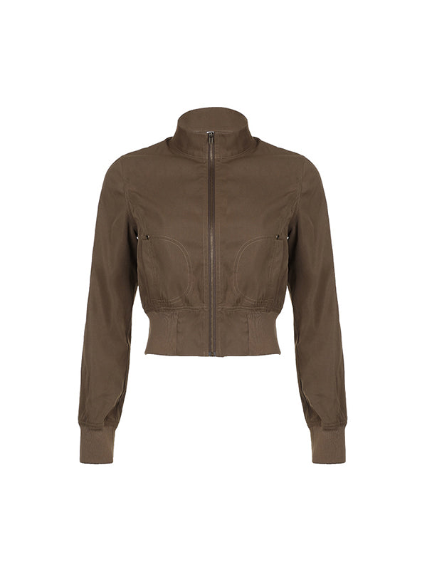 CROPPED BROWN ZIP-UP HOODIE WITH LOOSE FIT HIGH COLLAR