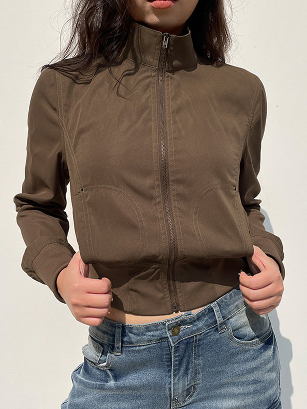 CROPPED BROWN ZIP-UP HOODIE WITH LOOSE FIT HIGH COLLAR