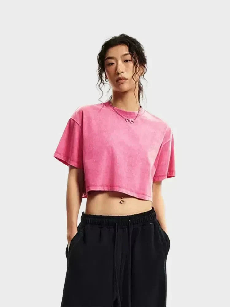 CROPPED T-SHIRT ACID-WASHED BLACK WOMEN CROPPED WASHED