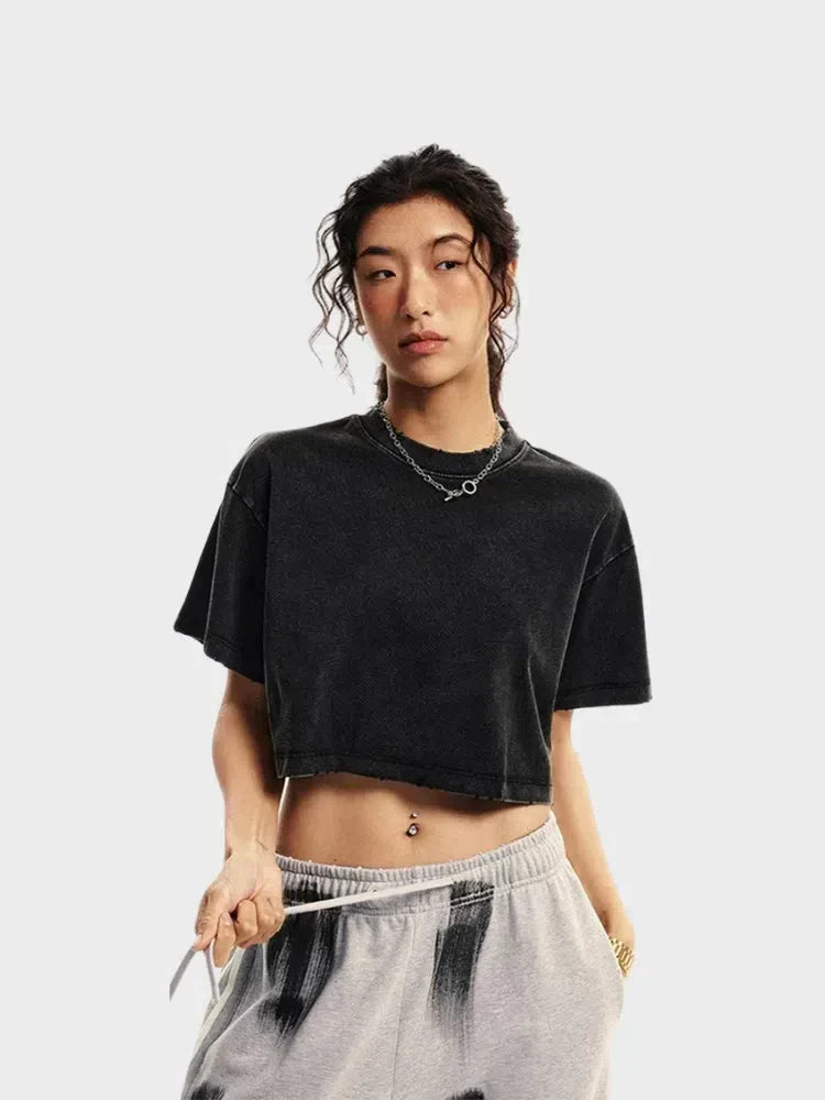 CROPPED T-SHIRT ACID-WASHED BLACK WOMEN CROPPED WASHED