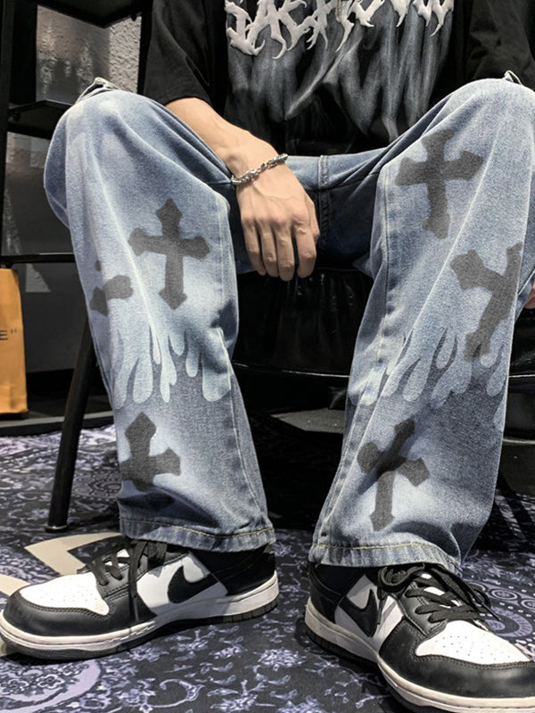 CROSS-PATTERNED CARGO JEANS WITH PUNK STYLE DENIM DESIGN