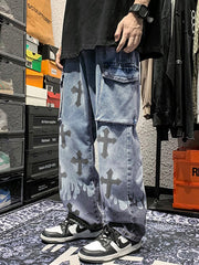 CROSS-PATTERNED CARGO JEANS WITH PUNK STYLE DENIM DESIGN
