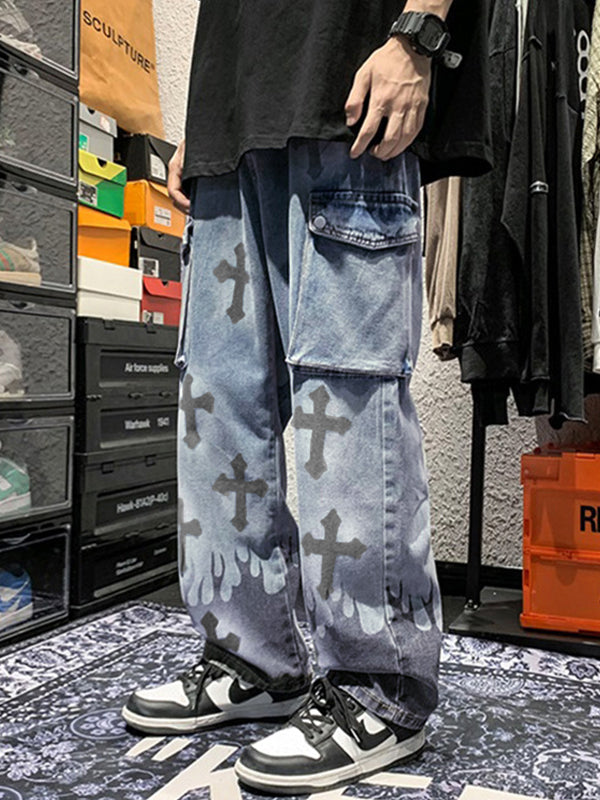 CROSS-PATTERNED CARGO JEANS WITH PUNK STYLE DENIM DESIGN