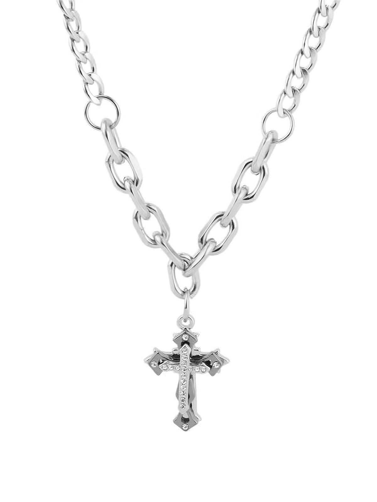CROSS PENDANT SILVER NECKLACE WITH GEOMETRIC ALLOY DESIGN