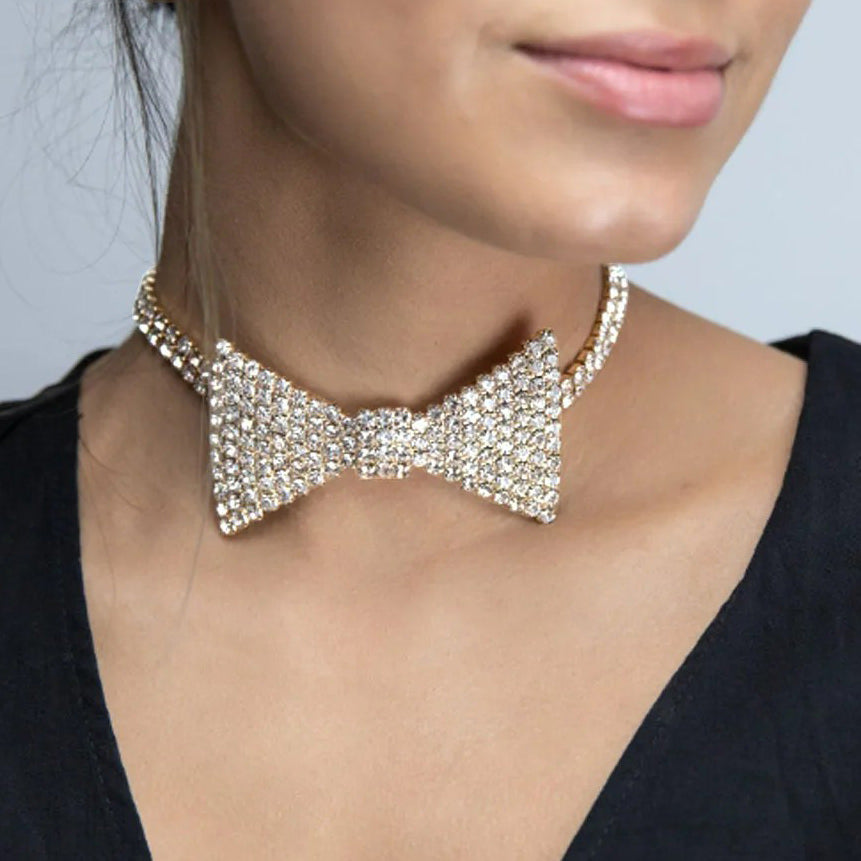 CRYSTAL BOW NECKLACE Y2K RHINESTONE BOW TIE CHOKER