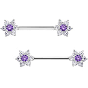 9/16 Purple CZ Gem Shimmering Flower Petal Barbell Nipple Ring Set