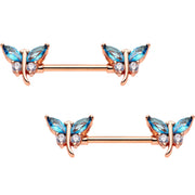 9/16 Aqua Gem Rose Gold PVD Double Dragonfly Barbell Nipple Ring Set