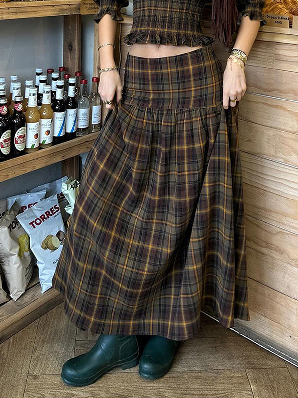 Retro Plaid Color-Blocking Maxi Skirt