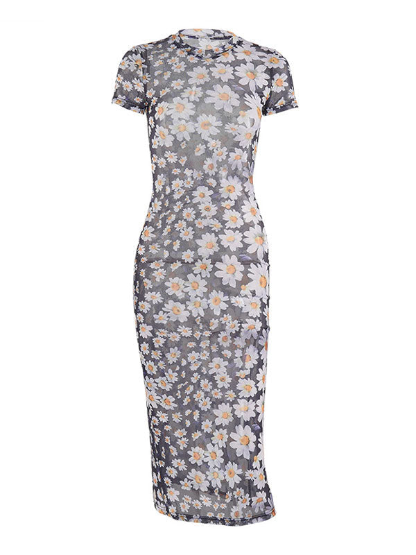 DAISY-PATTERNED MAXI DRESS WITH SLIM FIT AND ROUND NECK