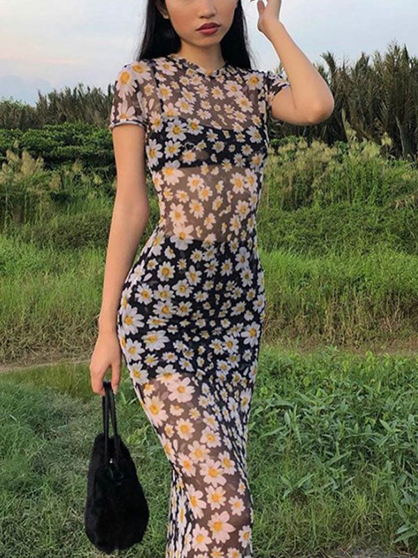 DAISY-PATTERNED MAXI DRESS WITH SLIM FIT SHORT SLEEVES