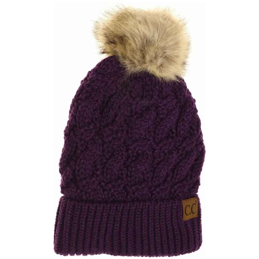 Ribbed Cable Knit Fur Pom C.C Beanie
