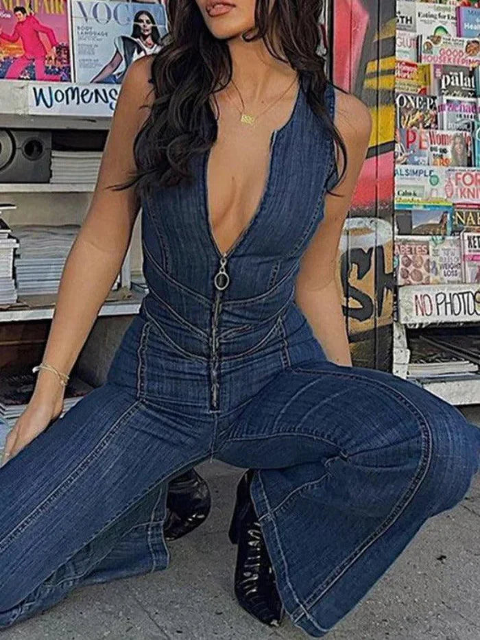 DARK BLUE DENIM JUMPSUIT CUTE VINTAGE SLEEVELESS STYLE