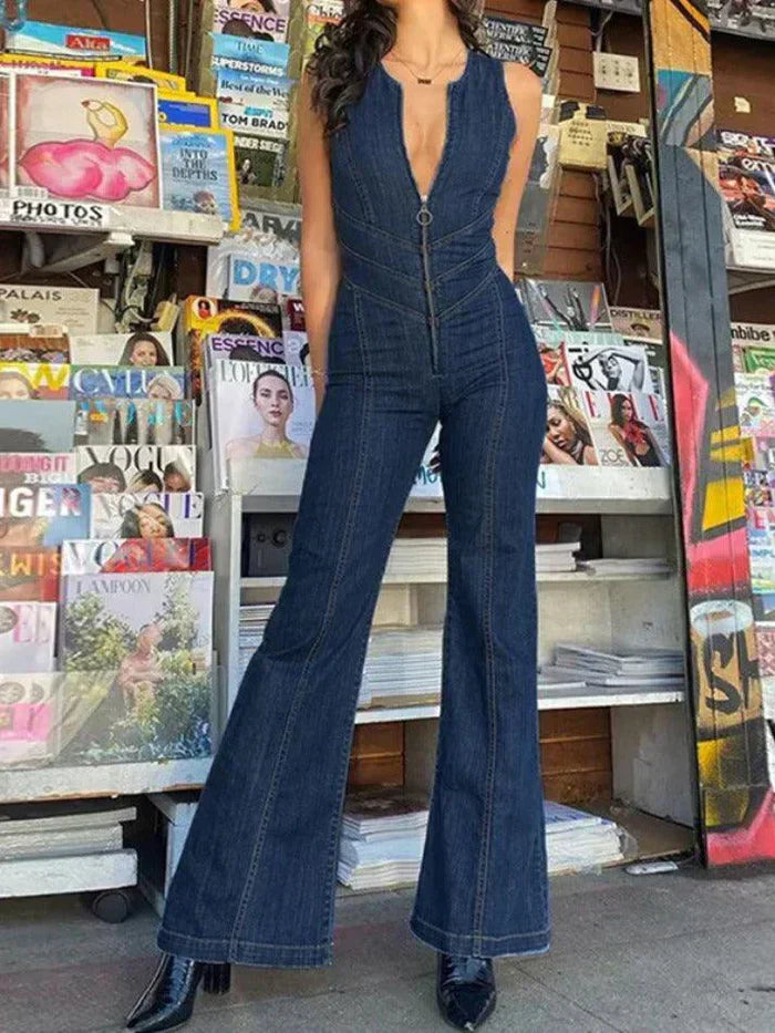 DARK BLUE DENIM JUMPSUIT CUTE VINTAGE SLEEVELESS STYLE