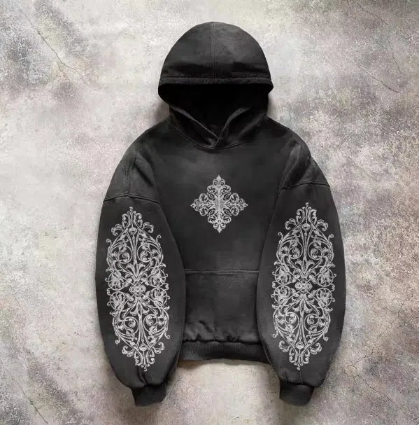DARK GRAY HOODIE WITH FADED DESIGNS AND DETACHABLE HOOD