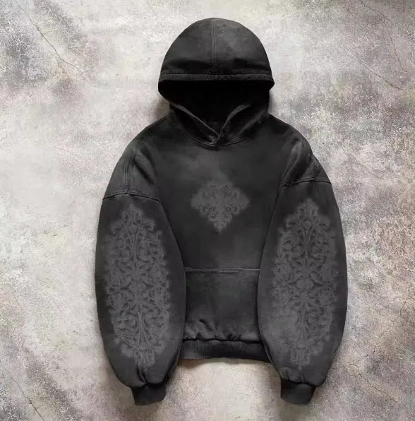 DARK GRAY HOODIE WITH FADED DESIGNS AND DETACHABLE HOOD