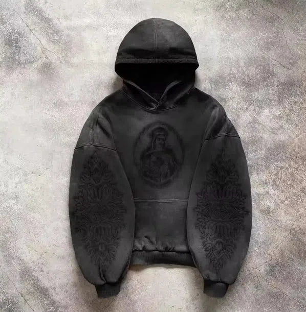 DARK GRAY HOODIE WITH FADED DESIGNS AND DETACHABLE HOOD