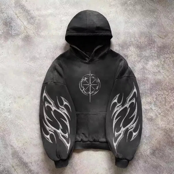 DARK GRAY HOODIE WITH FADED DESIGNS AND DETACHABLE HOOD