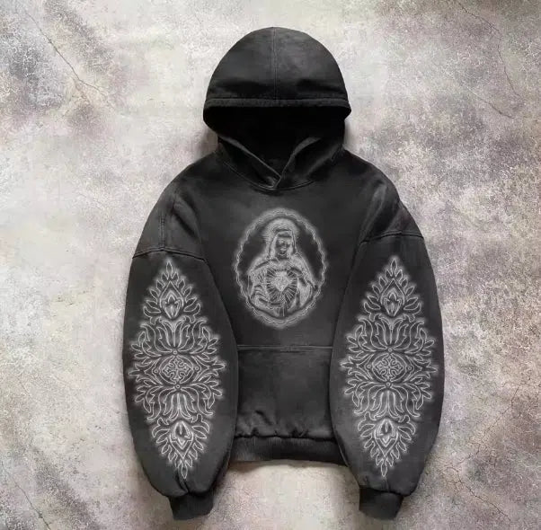 DARK GRAY HOODIE WITH FADED DESIGNS AND DETACHABLE HOOD