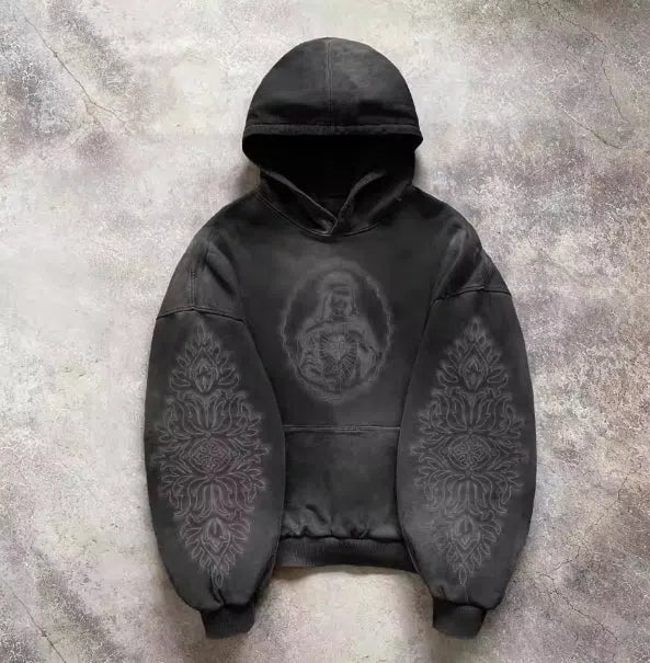 DARK GRAY HOODIE WITH FADED DESIGNS AND DETACHABLE HOOD