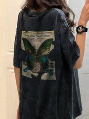 DARK GRAY T-SHIRT WITH BUTTERFLY GRAPHIC - LOOSE FIT Y2K STYLE