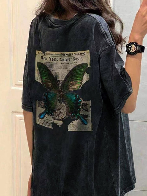 DARK GRAY T-SHIRT WITH BUTTERFLY GRAPHIC - LOOSE FIT Y2K STYLE