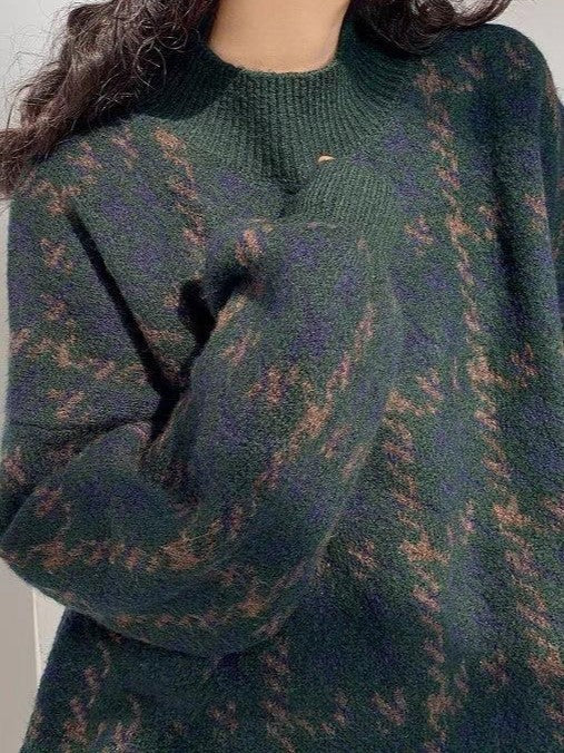 DARK GREEN PATTERNED SWEATER WITH STAND-UP COLLAR AND LONG SLEEVES