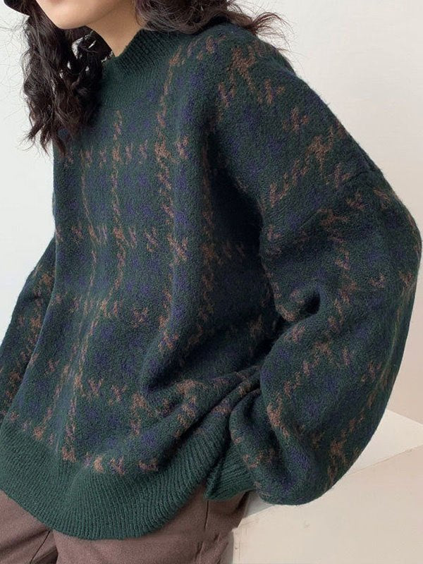 DARK GREEN PATTERNED SWEATER WITH STAND-UP COLLAR AND LONG SLEEVES