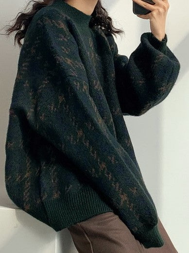 DARK GREEN PATTERNED SWEATER WITH STAND-UP COLLAR AND LONG SLEEVES