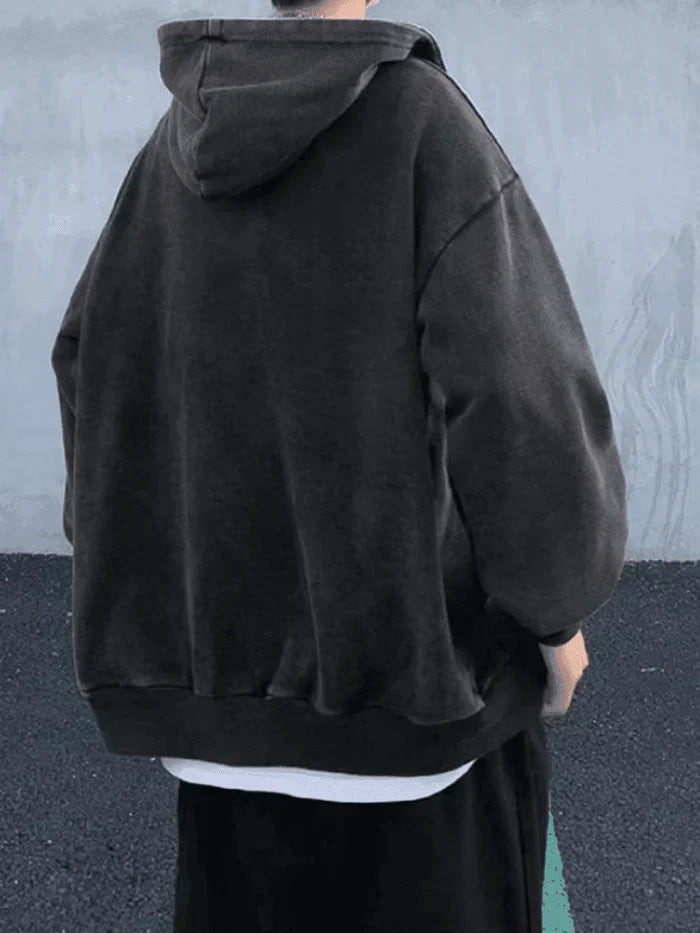 DARK OVERSIZE ACID-WASH ZIP-UP HOODIE - OVERSIZE WASHED ZIP DESIGN