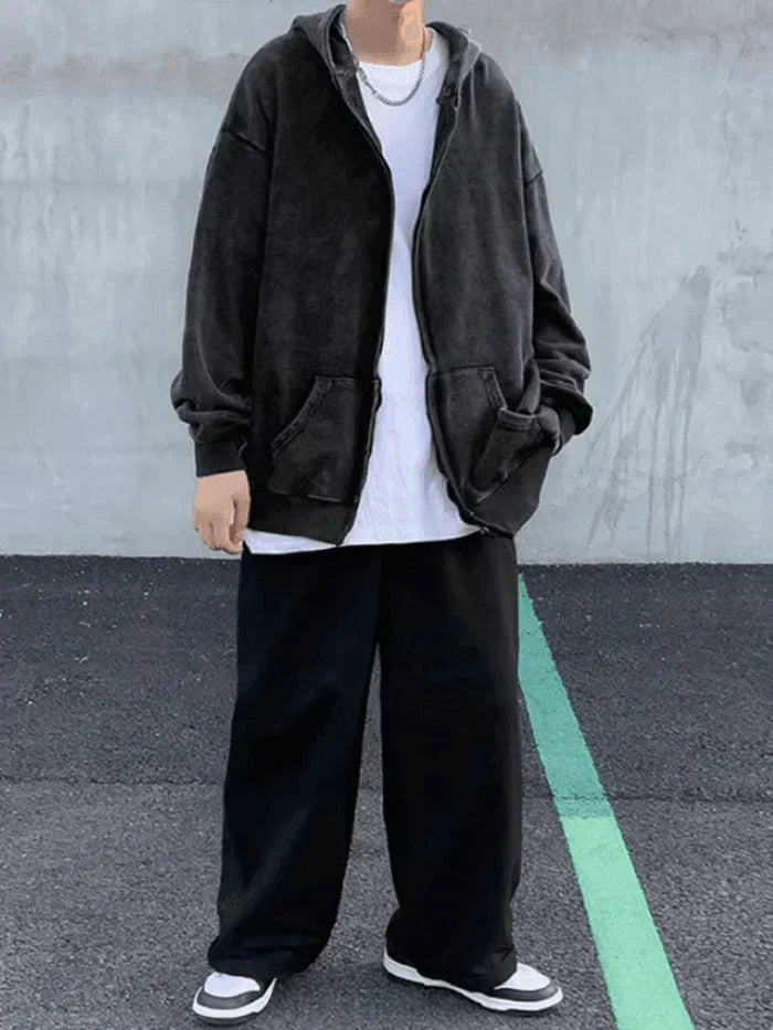 DARK OVERSIZE ACID-WASH ZIP-UP HOODIE - OVERSIZE WASHED ZIP DESIGN