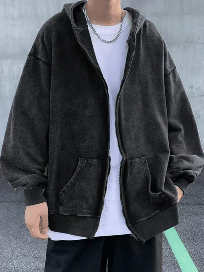 DARK OVERSIZE ACID-WASH ZIP-UP HOODIE - OVERSIZE WASHED ZIP DESIGN