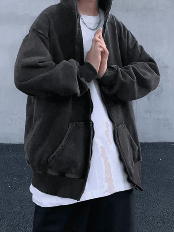 DARK OVERSIZE ACID-WASH ZIP-UP HOODIE - OVERSIZE WASHED ZIP DESIGN