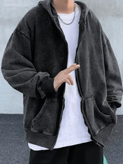 DARK OVERSIZE ACID-WASH ZIP-UP HOODIE - OVERSIZE WASHED ZIP DESIGN