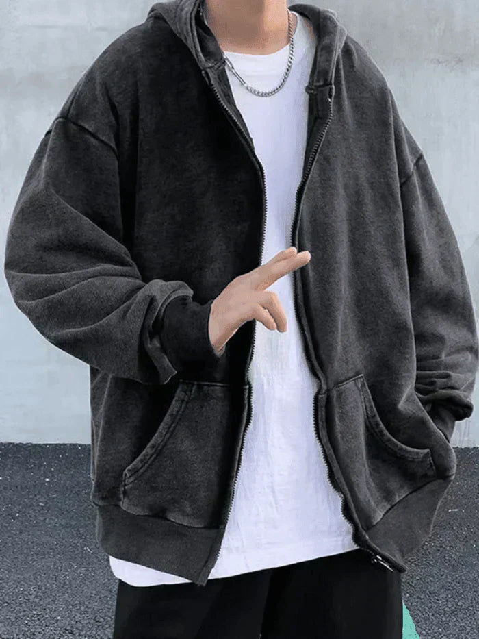DARK OVERSIZE ACID-WASH ZIP-UP HOODIE - OVERSIZE WASHED ZIP DESIGN