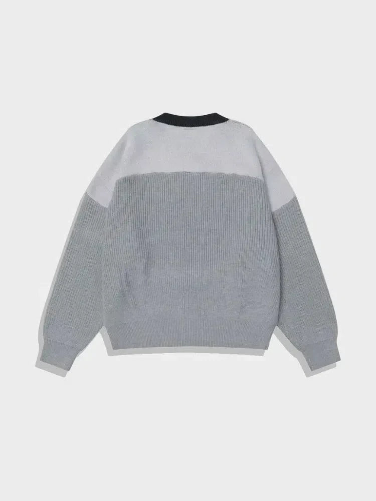 GRAY KNIT V-NECK WINTER SWEATER WITH SHOULDER STRIPES - ABORFEND WINTER SWEATER