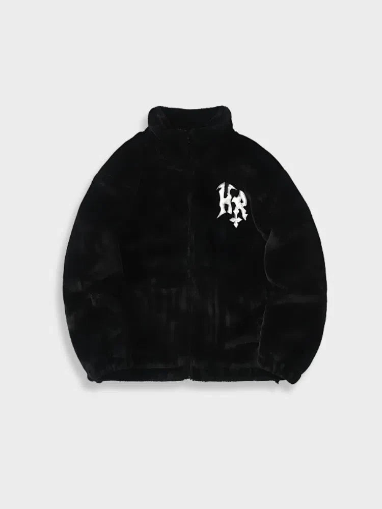 WHITE FLEECE JACKET WITH BLACK EMBLEM URBAN STYLE FUZZY FLEECE