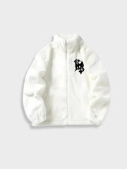 WHITE FLEECE JACKET WITH BLACK EMBLEM URBAN STYLE FUZZY FLEECE