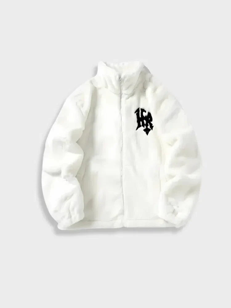 WHITE FLEECE JACKET WITH BLACK EMBLEM URBAN STYLE FUZZY FLEECE