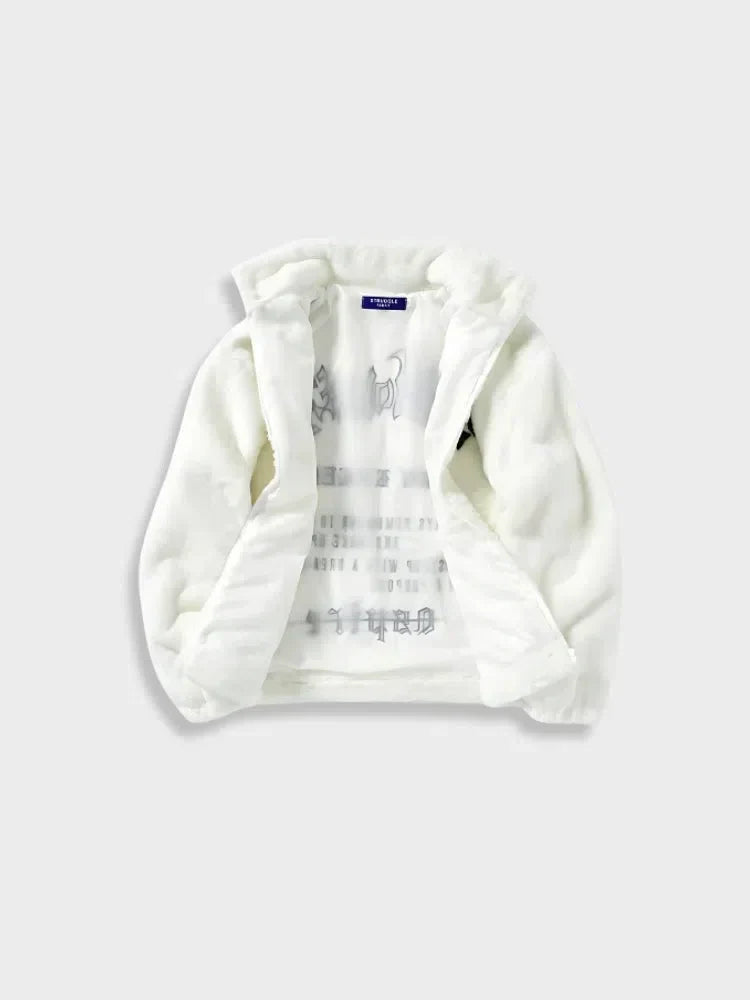 WHITE FLEECE JACKET WITH BLACK EMBLEM URBAN STYLE FUZZY FLEECE